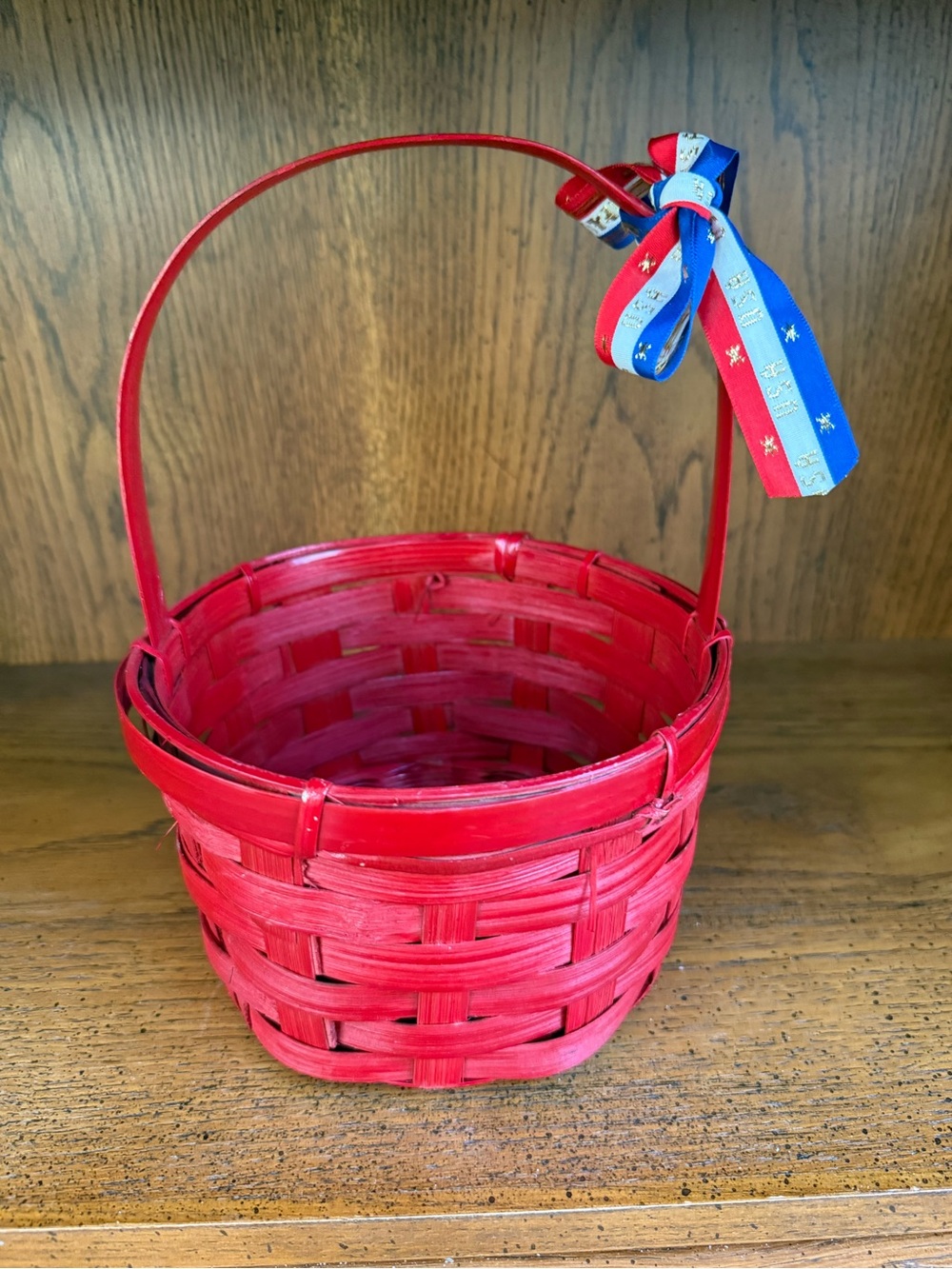 Red Woven Handle Basket with Patriotic Ribbon
